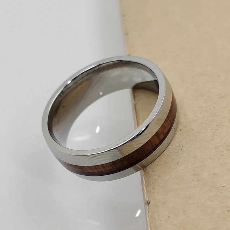 

8mm Damascus Steel Mens Wedding Ring KOA Wood Inlay Engagement Band Women Domed Style