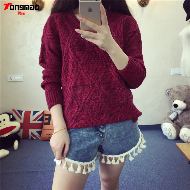 2016 Autumn and Winter Sweater Solid Color Casual Argyle O-Neck Long Sleeve Pullover Loose Elastic Fashion Knitted Sweaters | Женская