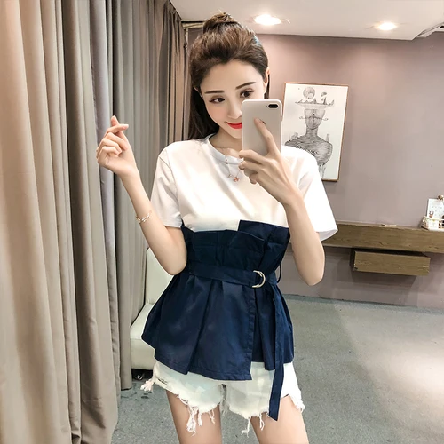 2019 летняя Корейская Повседневная футболка с коротким рукавом и имитацией двух