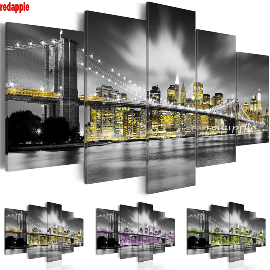 

5D DIY Diamond Painting Diamond Embroidery New York Brooklyn Bridge Decorative Picture of Rhinestones city night view 5pcs icon