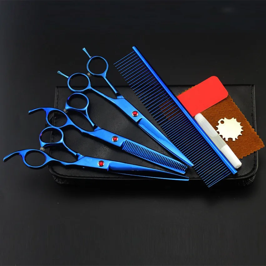 

4 kits Blue japan 440c pet 7 inch shears cutting hair scissors set dog grooming clipper thinning barber hairdressing scissors