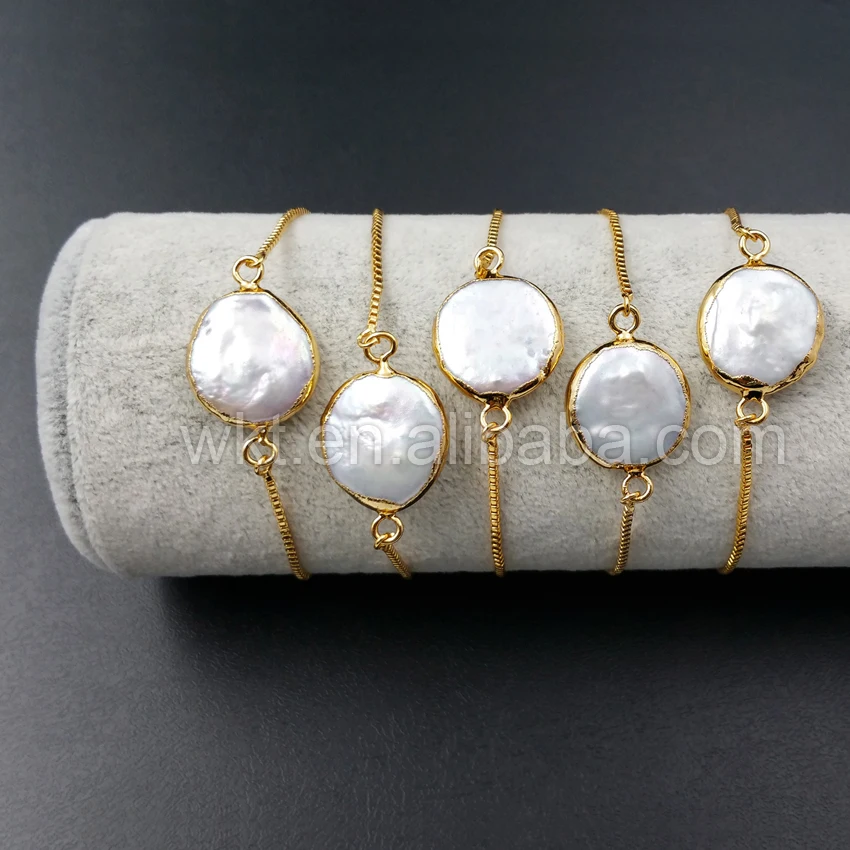 

WT-B306 Fashion Freshwater Pearl Bracelets with 24k gold electroplated Office style Pearl Connector link & chain Bracelets Gift
