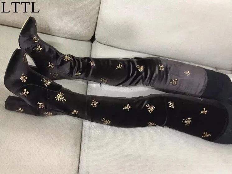 Женские бархатные сапоги выше колена черные или синие с круглым носком на