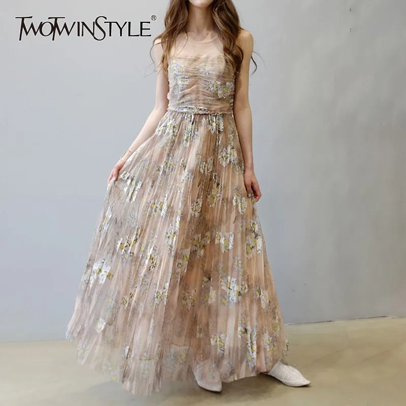 TWOTWINSTYLE Patchwork Print Party Dress For Women Sleeveless High Waist Slim Ankle Length Pleated Dresses Female Summer 2020 | Женская