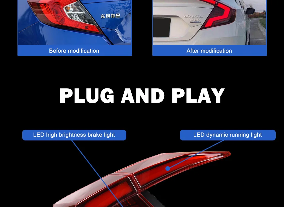 АКД светодиодный задние фонари Подходит для Honda Civic 10th G10 задний фонарь красный Копченый лампы стоп-сигнал