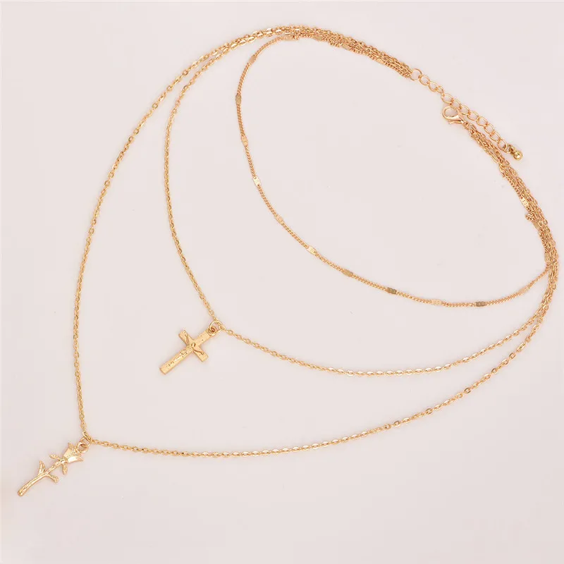 Богемное ожерелье с подвеской золотого Креста и цветком для женщин многослойное