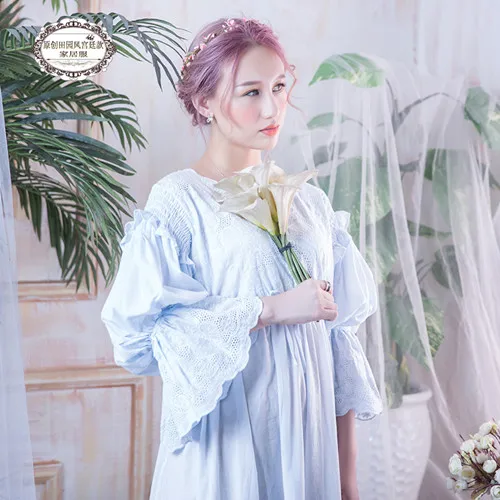 New Women Vintage Gown White Cotton Princess Nightgown Ladies Royal Casual Sleepwear Women Night wear Vestidos Dress BLN1802