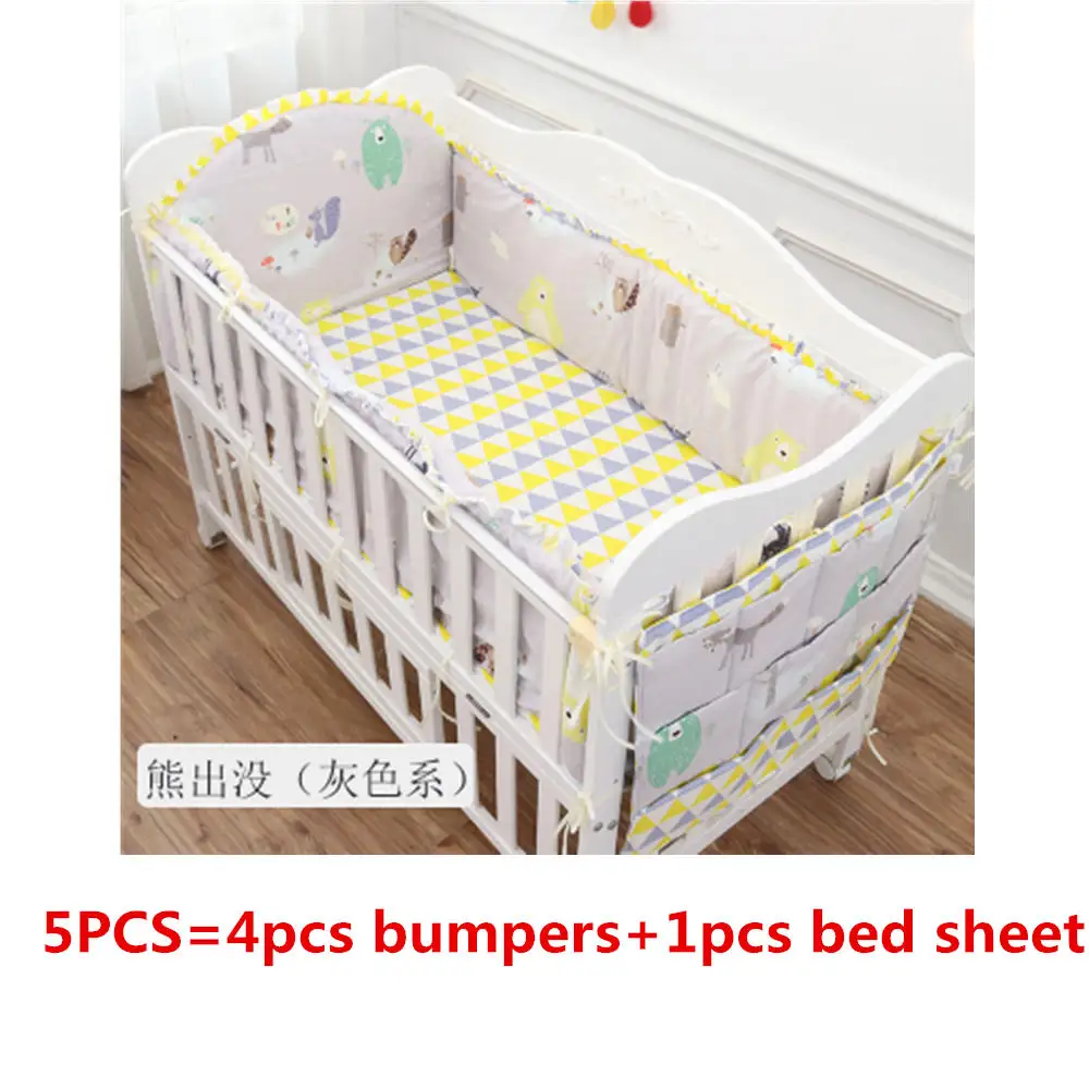 grey bear 5 pcs 5 шт., комплект хлопковой кроватки, Комплект постельного белья для новорожденных девочек и мальчиков, Комплект постельного белья с рисунком, Комплект постельного белья для малышей, включает бамперы с наполнением+ простыня - Цвет: grey bear 5 pcs