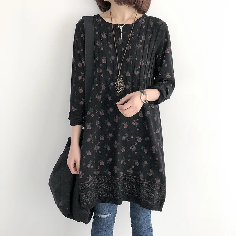 2019 Women Print Floral Cotton Long Shirt Summer Spring Sleeve Vintage Knit Coat Big Size Loose Blouse YoYiKamomo |