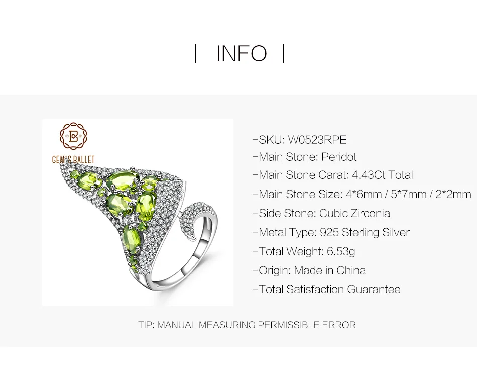 GEM'S BALLET 4.43Ct натуральный перидот драгоценный камень открытый палец кольцо 925 пробы Серебряный винтажный, готический, в стиле панк кольцо для женщин ювелирные изделия