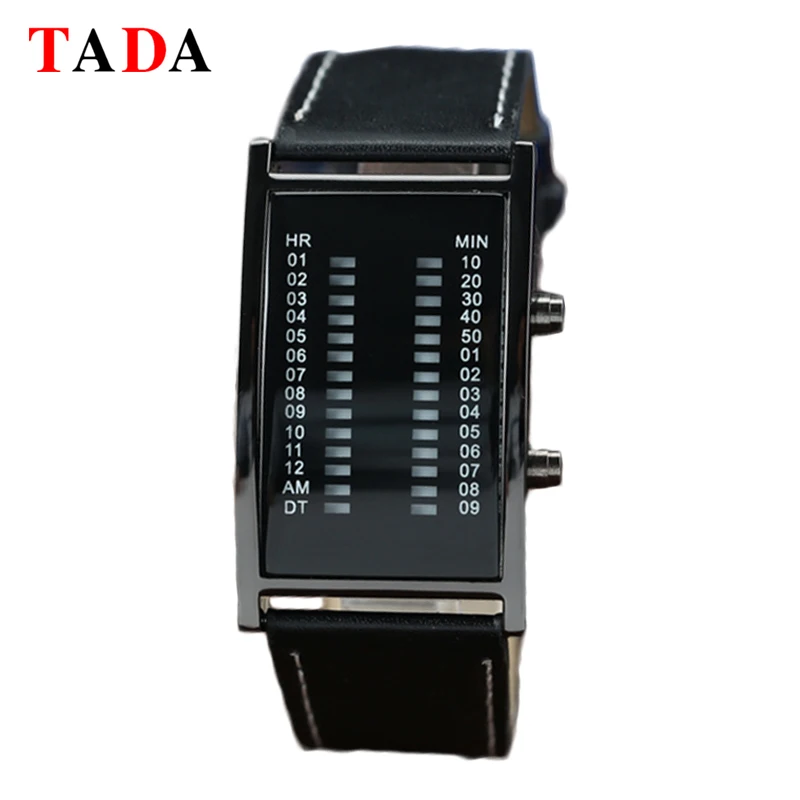 

Top Fashion Bridge Rectangle Binary Led Watches Electronic Blue Light Tada Brand Luxury Leather Men Sports Digital Watch Relojes