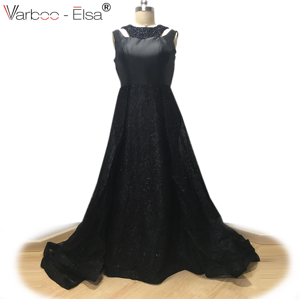 

VARBOO_ELSA Vestido De Festa Black Beaded Long Prom Dress 2021 Custom Mermaid Evening Dresses Satin Lace Sleeveless Party Gowns