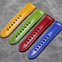new 4 color mens calfskin watch band strap blue green yellow red 24mm soft quality thick handmade real leather watchband strap