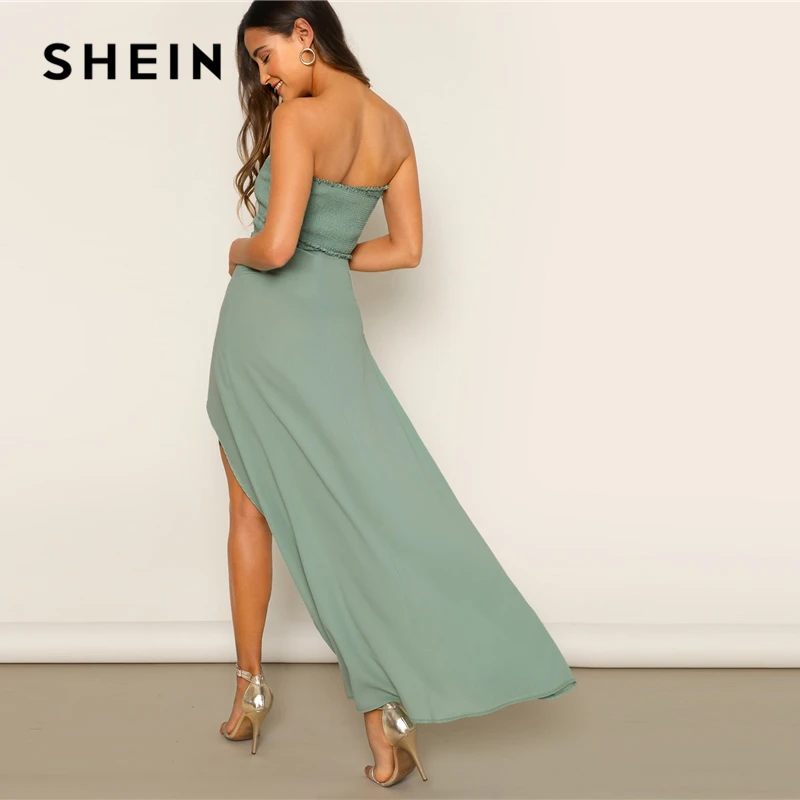 SHEIN Однотонное Стильное Платье С Разрезом И Рюшами Женское Летнее Зеленое Макси Платье Без Рукавов И С Высокой Талией