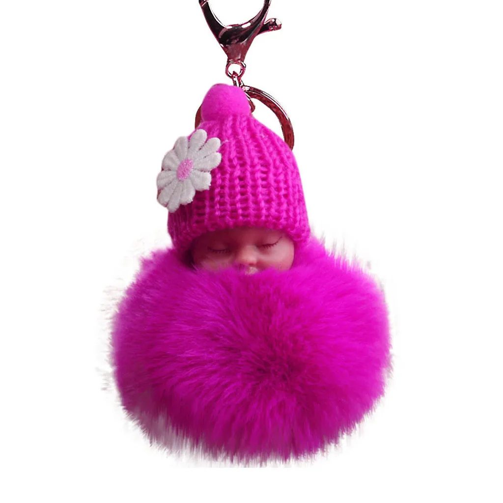 Hot Pink Милый брелок для ключей, подарок, милый меховой пушистый помпон, Спящая кукла, брелки-цепочки, сумки, подвеска, ювелирные изделия llaveros - Цвет: Hot Pink