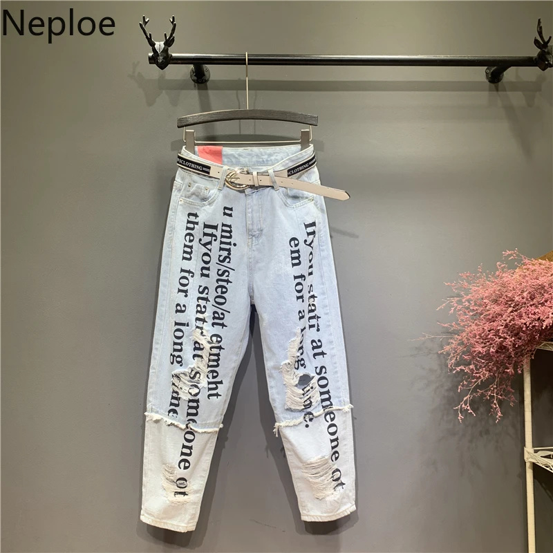Neploe корейские летние джинсы с принтом женские свободные буквы нижний зев из