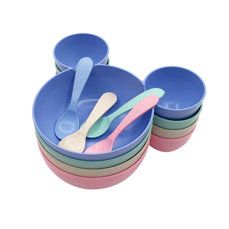 

Bowl+Spoon Nature Material Baby Eating Food Tableware Toddle Cartoon Feeding Dishes Kids Plates Children Training Dinnerware Set