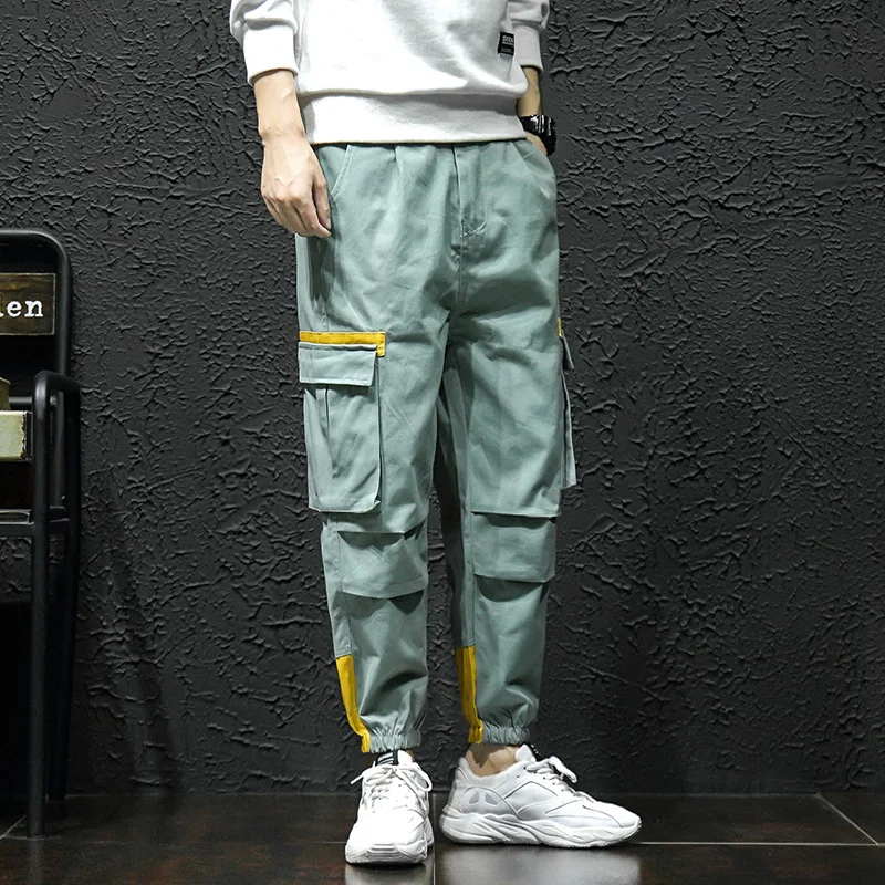 Мужской комбинезон с карманами зеленые черные брюки в стиле Харадзюку