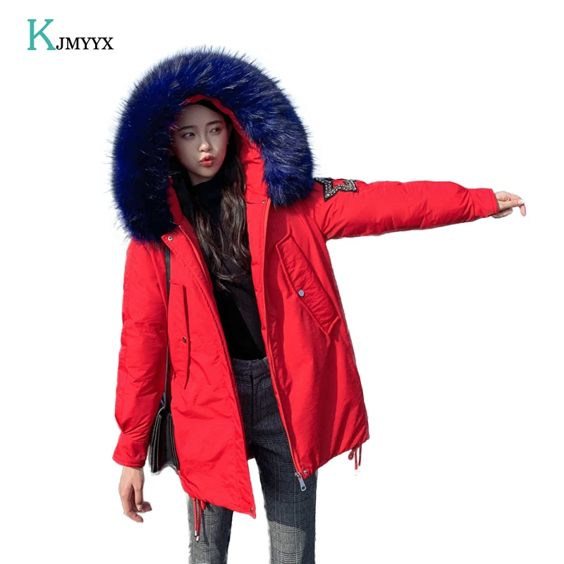Новая зимняя Женская парка KJMYYX модная куртка с большим меховым воротником и
