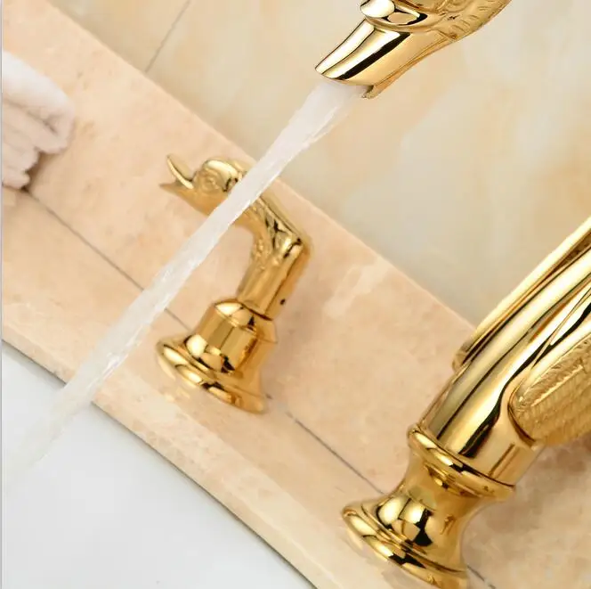Wholesale And Retail Brand NEW Deck Mounted Bathroom Faucet Swan Spout Sink Mixer Tap Golden Brass 3 Holes H1195 | Обустройство дома