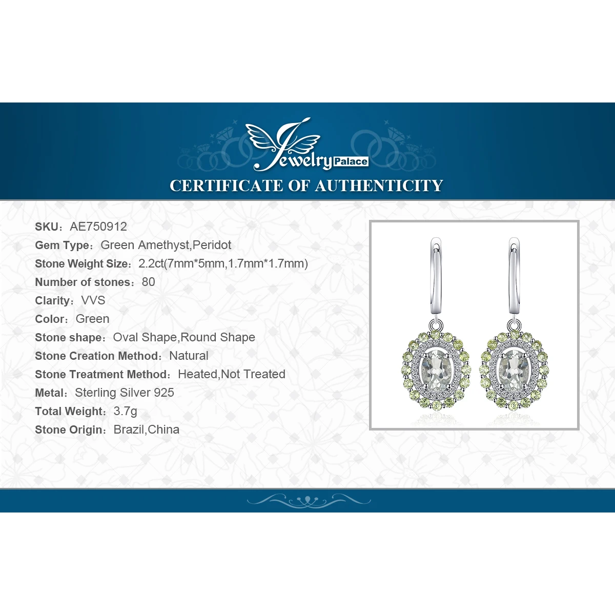 Jewelrypalace Винтаж 2.4ct натуральный зеленый аметист перидот Клипсы 925 серебро модные