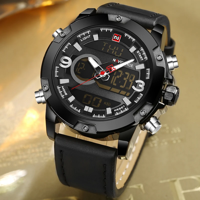 Часы NAVIFORCE мужские спортивные кожаные кварцевые цифровые светодиодные армейские