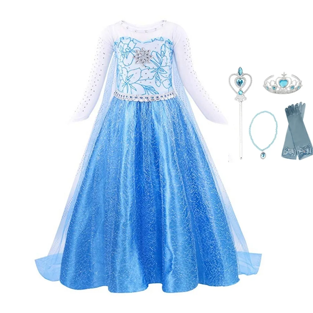 Dress 02 set Платье Эльзы; одежда с длинными рукавами; костюм принцессы Снежной Королевы для девочек; Детский карнавальный костюм на Хэллоуин; вечерние платья принцессы с волосами - Цвет: Dress 02 set