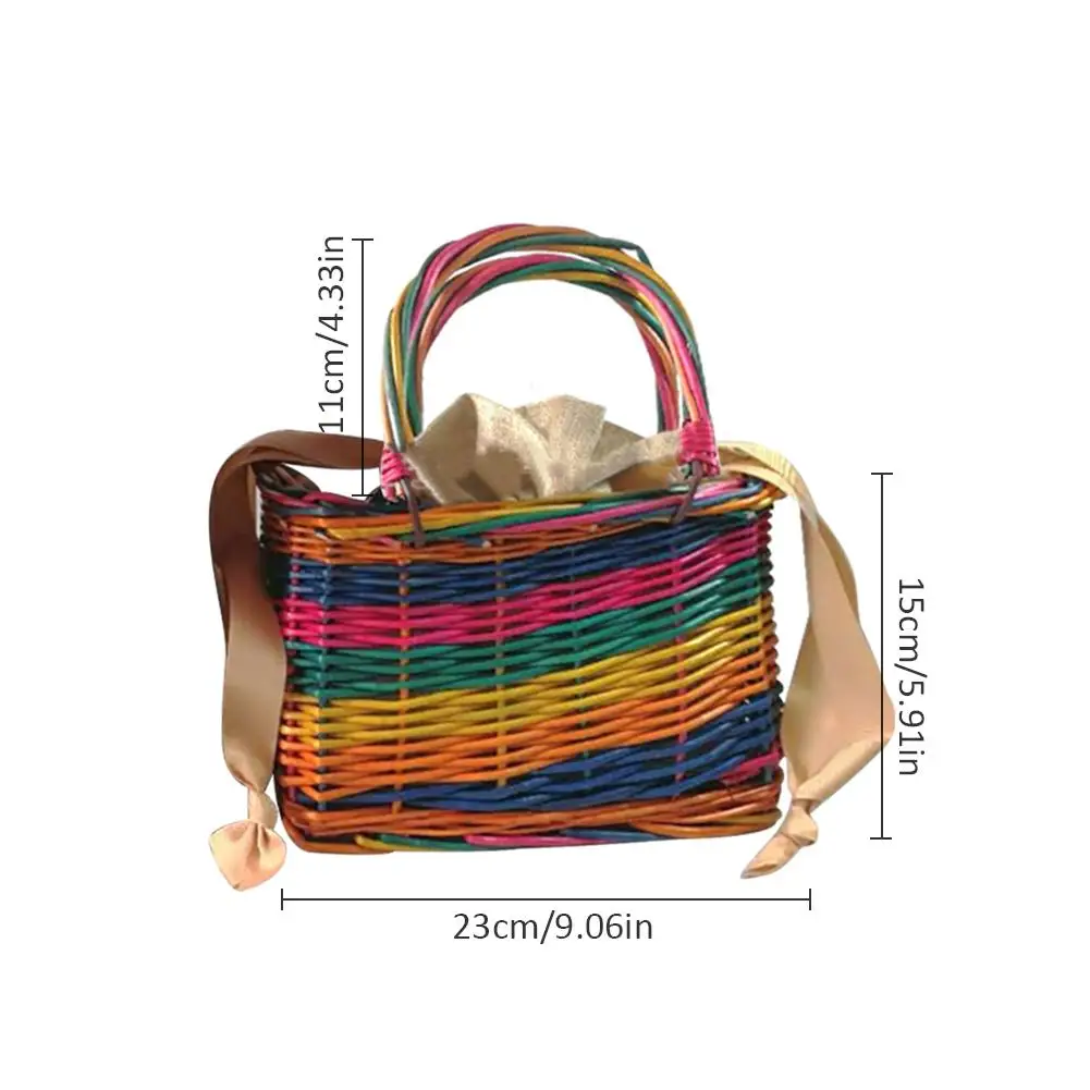 

1pc Colorful Wicker Handbag Rattan Straw Braided Picnic Bag Straw Bag Portable Beach Bag