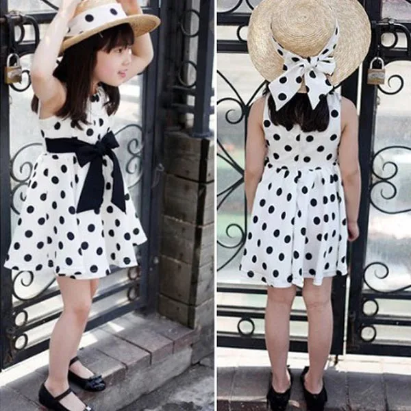 Kids Girls Polka Dot Chiffion Sundress Toddler Tunic Bowknot Belt Dress | Детская одежда и обувь