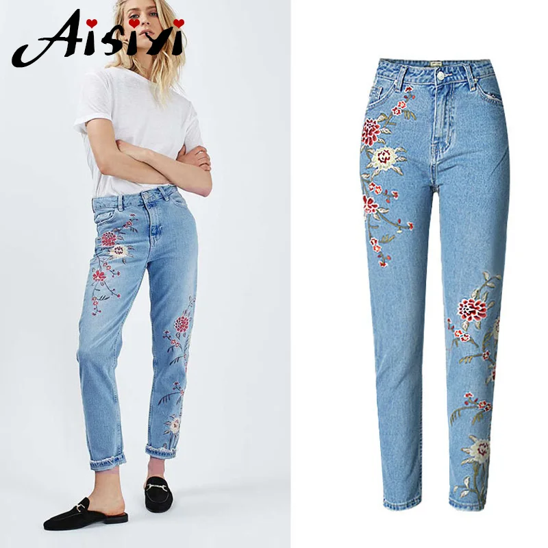 Узкие джинсы с вышивкой светло голубые для женщин эластичные женские джинсовые