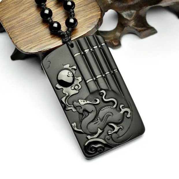 Ювелирные изделия черный обсидиан резьба Дракон ожерелье амулет кулон