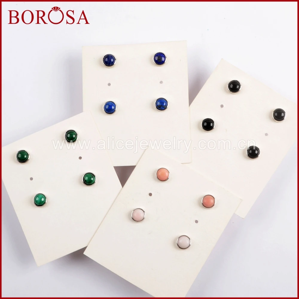 BOROSA 5 пар чистый серебряный ободок 7 мм круглый розовый опал серьги-гвоздики лазурит Druzy серьги ювелирные изделия для женщин девочек SS196