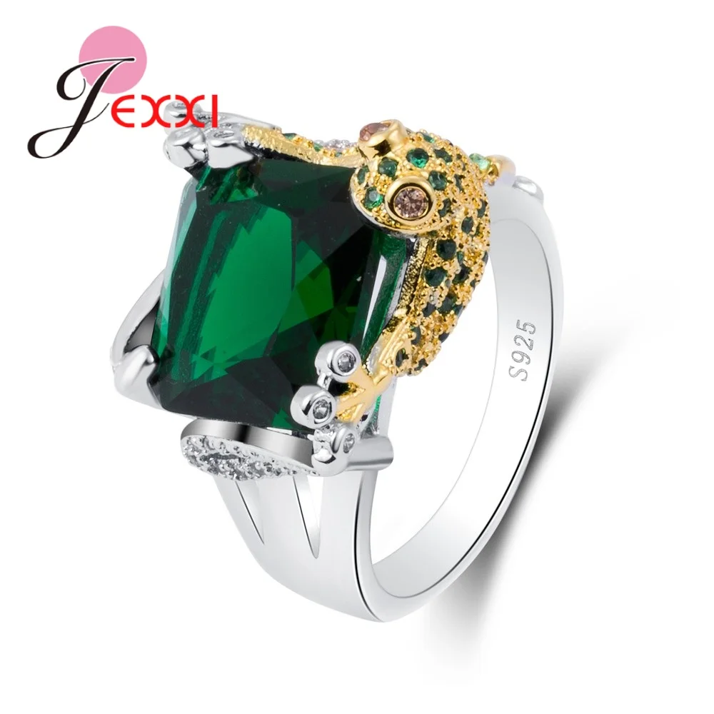 High Quality Golden Frog Decoration 925 Sterling Silver   Geometric Ring With Square Green Crystal Women Party Jewelry