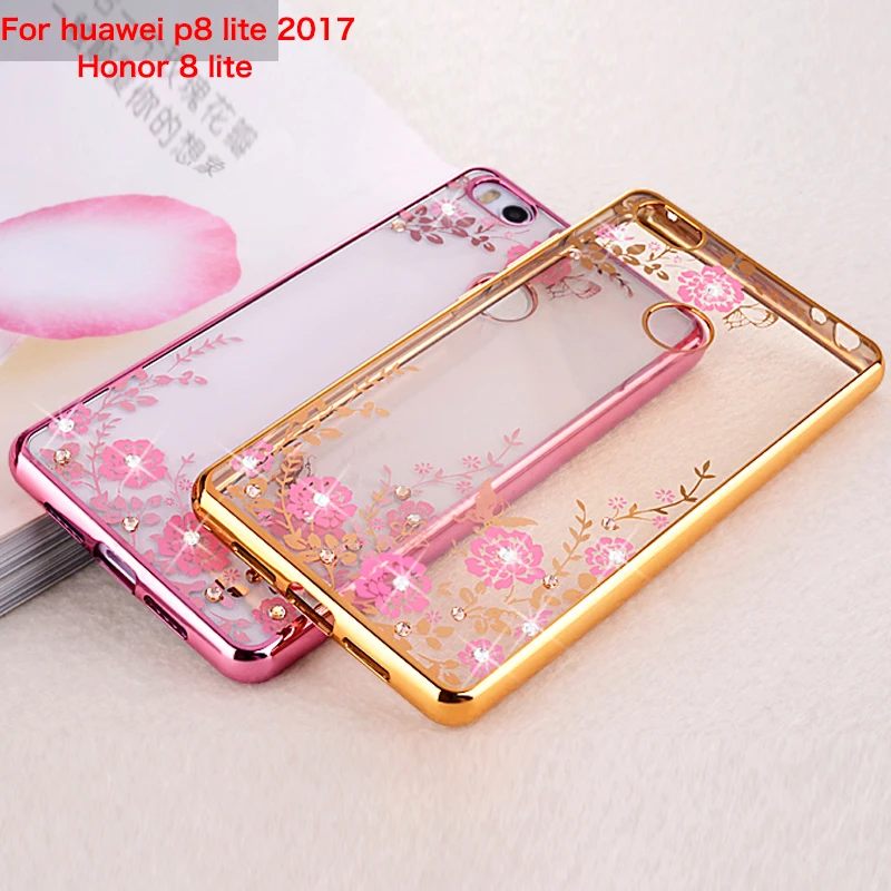 Мягкий чехол из ТПУ Honor 8 Lite для вспышки с цветком роскошный бриллиантами Huawei P8 2017 5