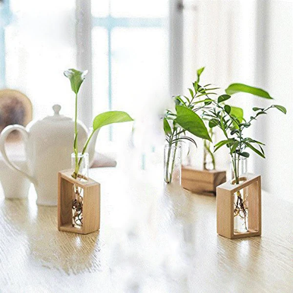 

Crystal Glass Test Tube Vase in Wooden Stand Flower Pots for Hydroponic Plants Home Garden Decoration