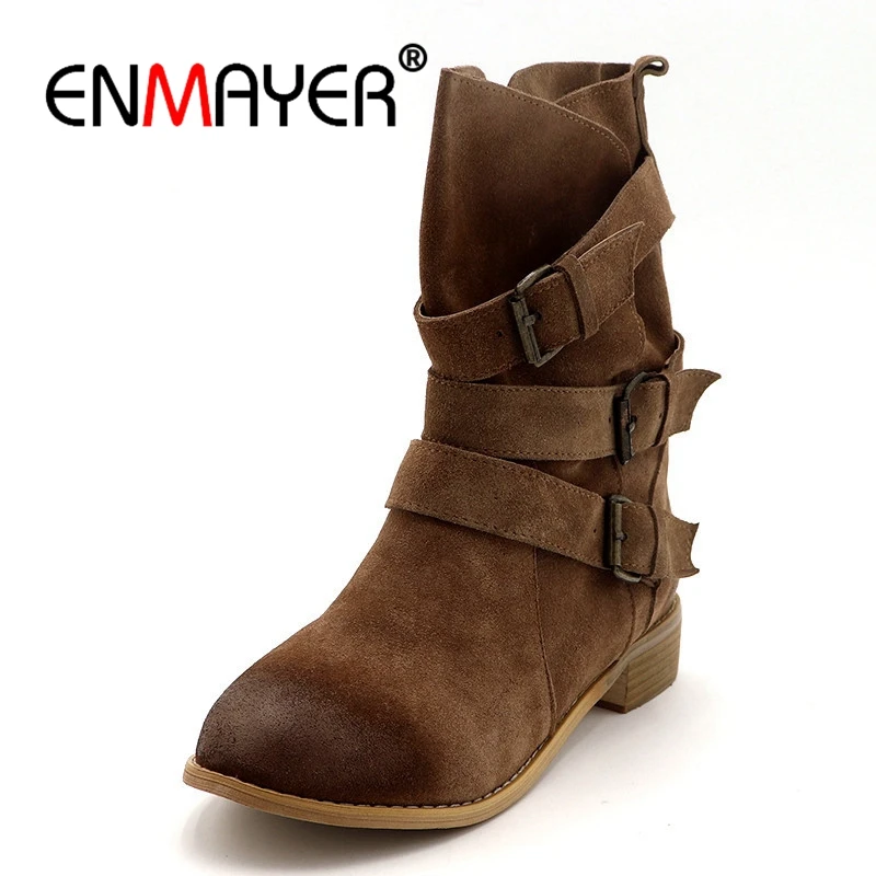 ENMAYER Shoes Woman Winter Boots Cowboy Western Plus Size 33 43 Mid calf for Women Short Black Light tan CR673|Сапоги до середины