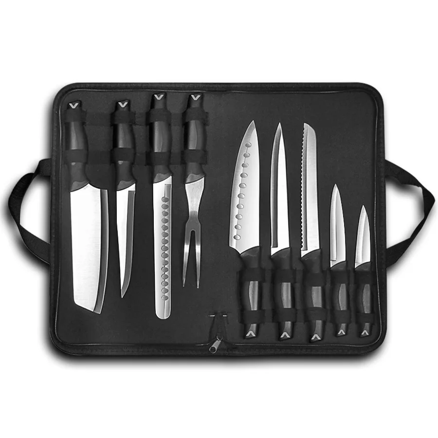

Knife Set 9 Piece Assorted Kitchen Knife Set Carry Wrap Set With Zip Up Carry Case - Stainless Steel, Black