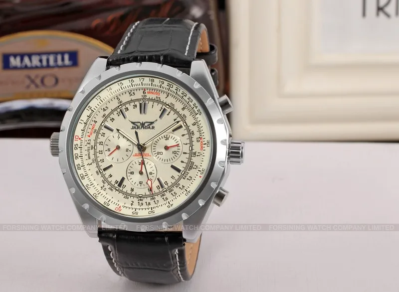 Jargar JAG6905M3S2 новые мужские автоматические Модные нарядные часы серебристого цвета наручные часы с черным кожаным ремешком