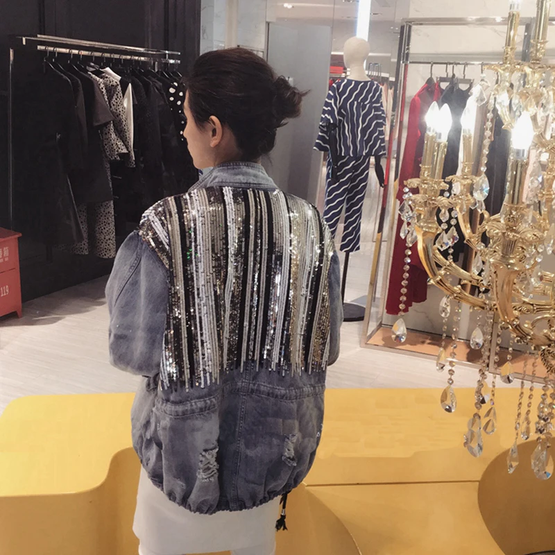 Джинсовая куртка с блестками весна 2018 рваные джинсовые пальто женская ветровка