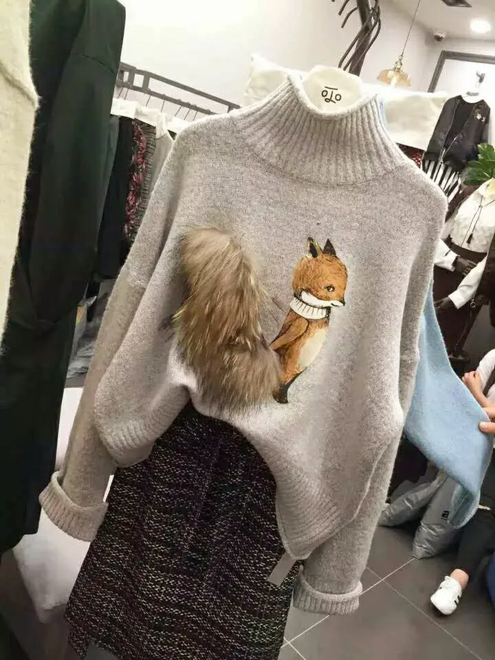2017 New Cute Fox Turtleneck Warm raccoon fur tails lovely sweat high collar women design female warm Sweaters | Женская одежда