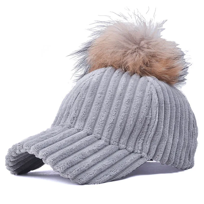 Бейсболка с помпоном из натуральной норки Вельветовая Кепка зимняя шапка для
