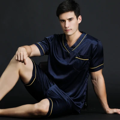 Navy blue Новые летние Мужская пижама набор сексуальные пижамы мужские с коротким рукавом шорты пижамы Модные мужские домашние наборы - Цвет: Navy blue