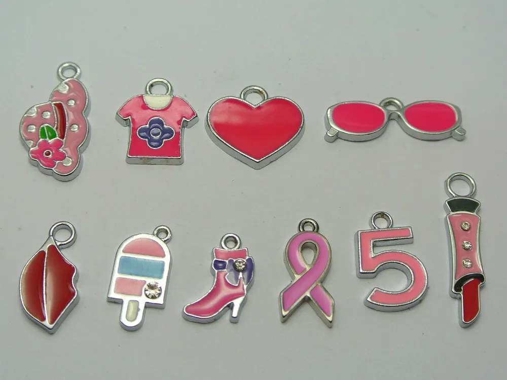 

10 Assorted Enamel Alloy Charms Pendants Lips Hat Bag Tags Bracelets Necklace