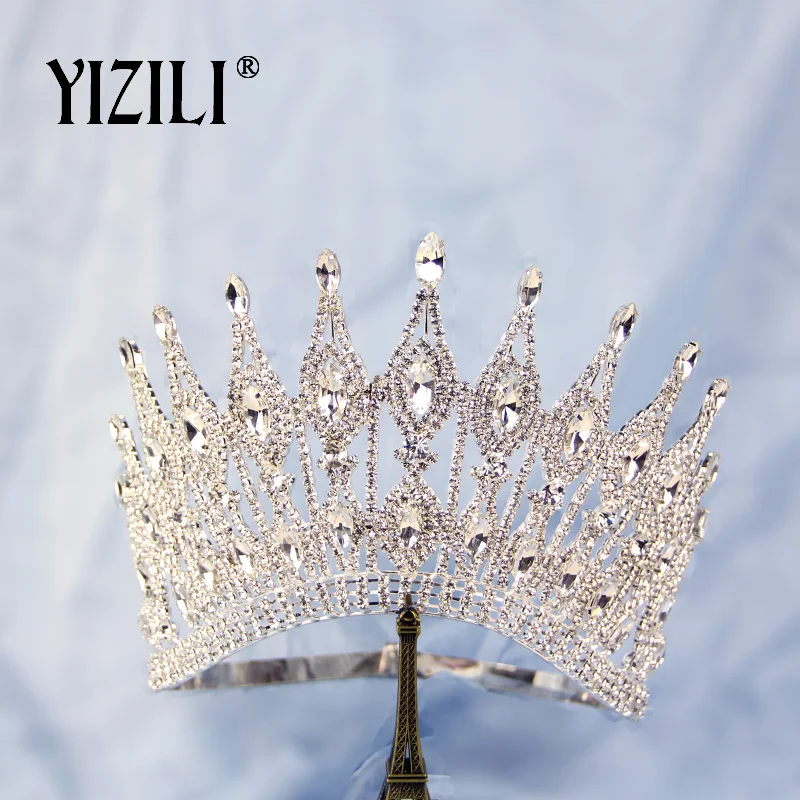 YIZILI, новинка, Роскошная большая Свадебная Корона невесты, стразы, великолепный кристалл, большая круглая Королевская корона, свадебные аксессуары для волос C070