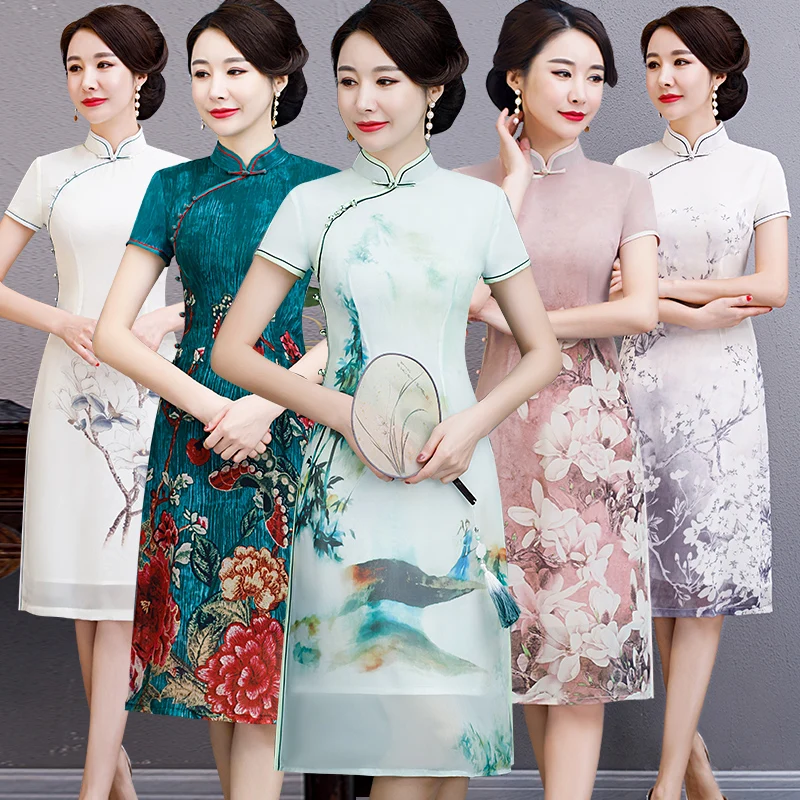 Женские летние короткие Cheongsam моды китайский стиль полиэстер платье по колено Qipao Тонкий платья для вечеринок Леди Vestido S-3XL
