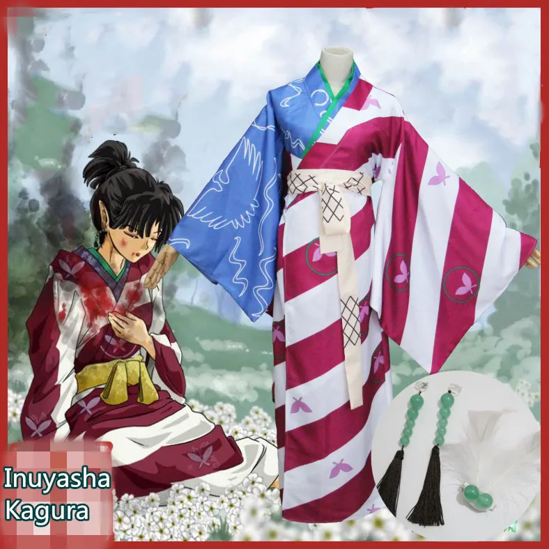 Аниме! Inuyasha Kagura униформа косплей костюм открытие веревки узел и конец Круг