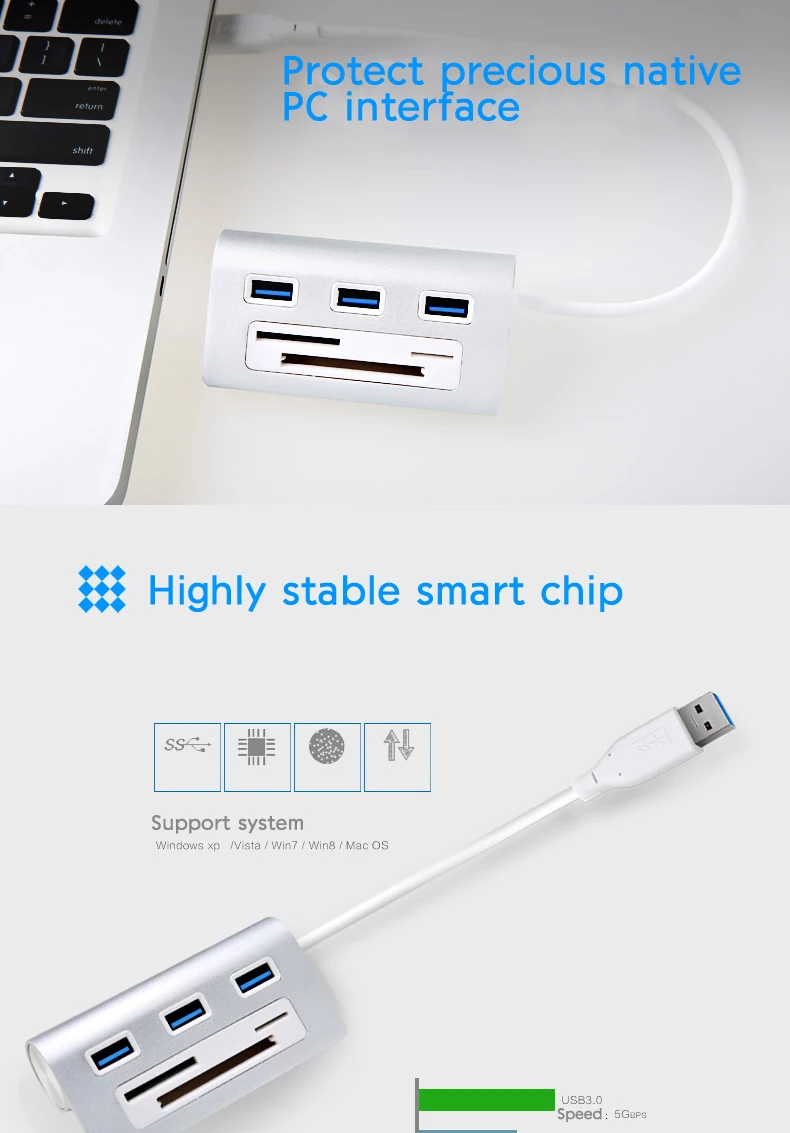 Acasis HS0023 USB 3,0 концентратор Высокоскоростной Алюминиевый 3,0 кард-ридер концентратор интерфейс питания TF SD CF кард-ридер iMac PC для Macbook