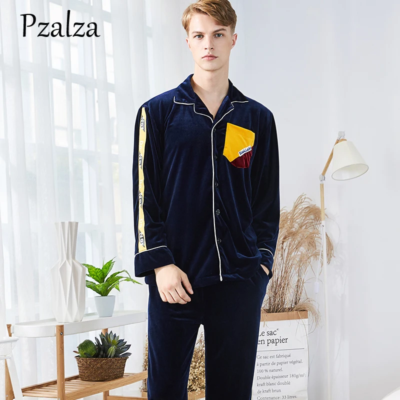 Winter Mens Pyjamas Set Letter Splice Multicolor Pajamas Men Loungewear Velour Warm Pyjamas Men Sleepwear Home Clothing L XL XXL