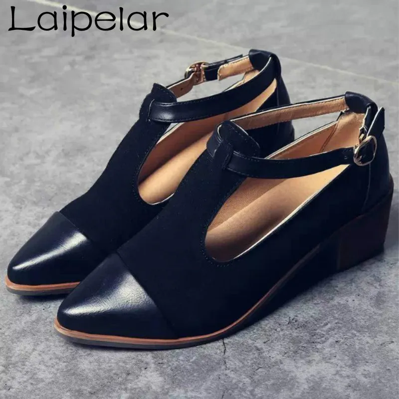 

2018 Vintage Oxford Shoes Women Pointed Toe Cut Out Heel Patchwork Buckle Ladies Shoes Flats Laipelar