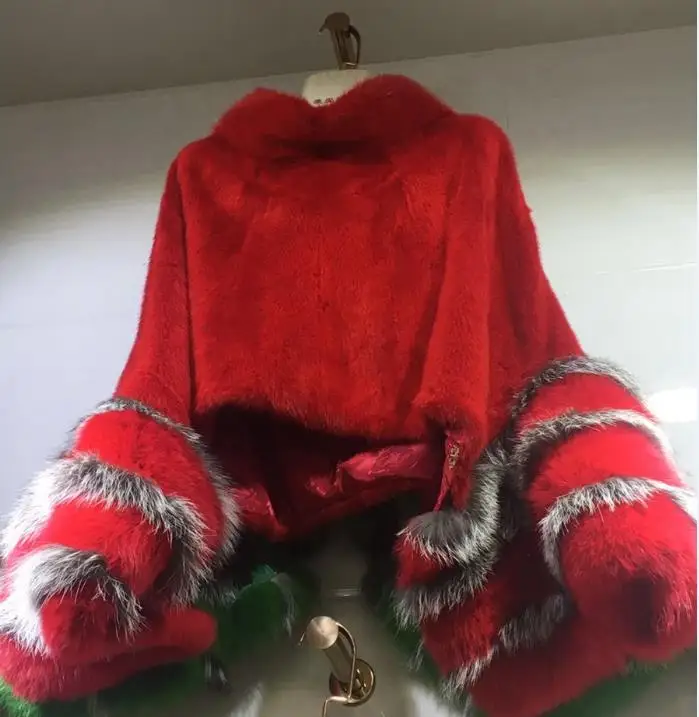 Red Натуральная кожа натуральный мех Женская шаль куртка зимняя натуральная Шуба из кролика Рекс пончо натуральная лиса рукава пальто из натурального кроличьего меха - Цвет: Red